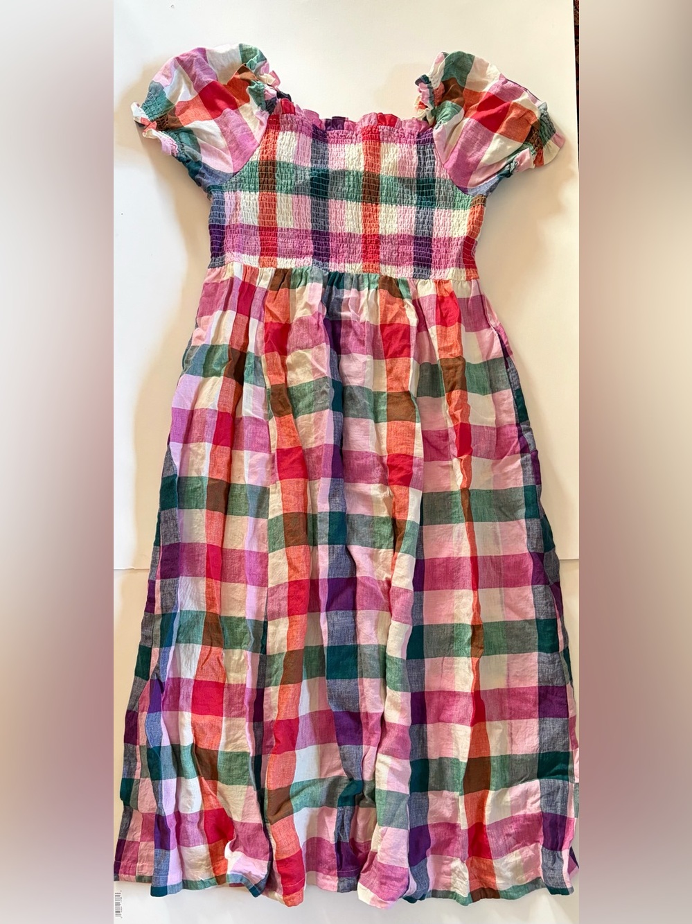 Boden Multicolor Plaid Smocked Puff-Sleeve Dress